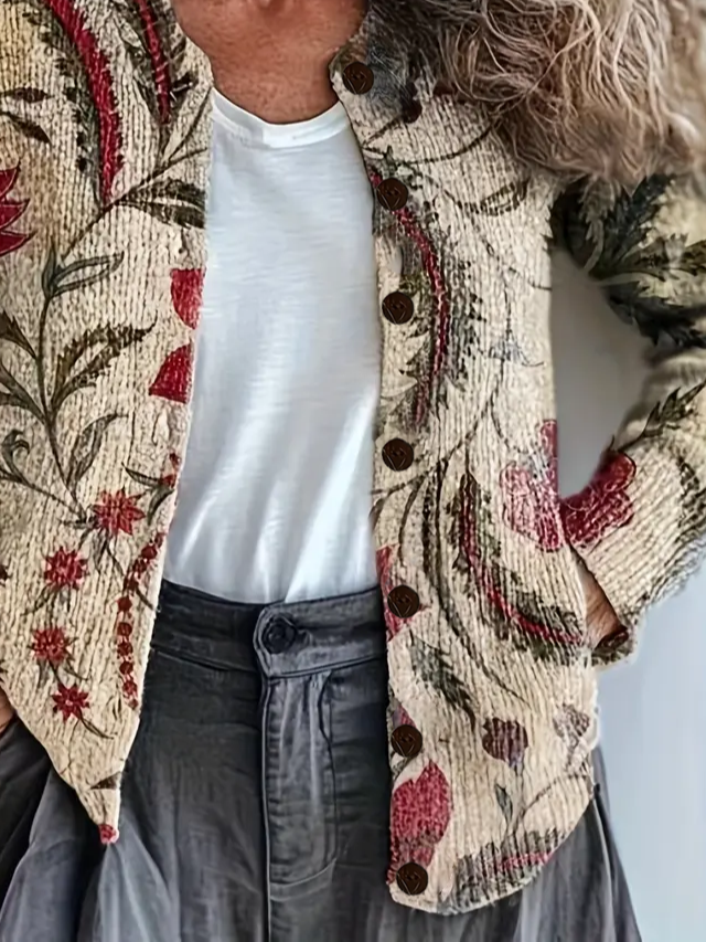 Crew Neck Vintage Printing Cardigan