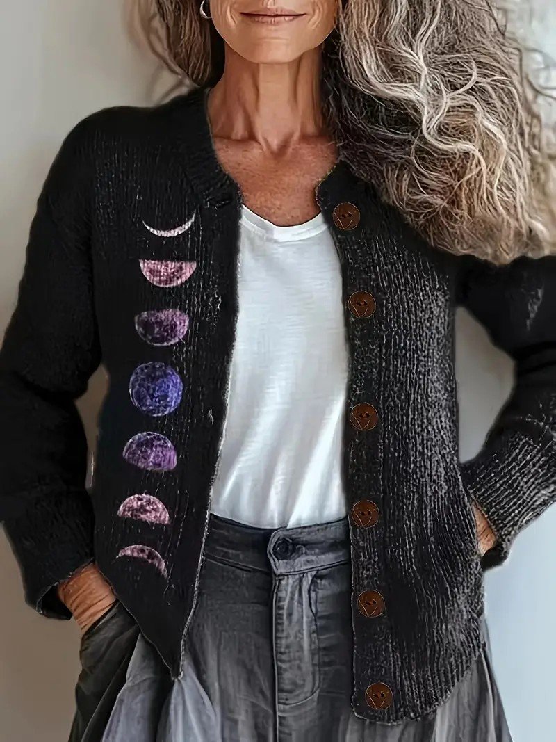 Women's Cardigan Christmas Pattern Button V Crew Neck Sweater Jacket