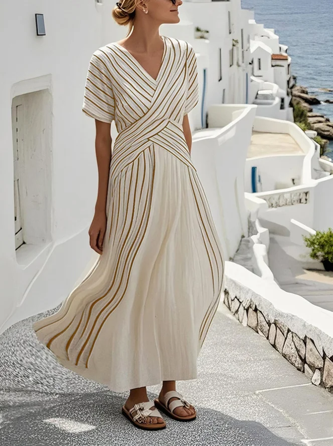 Women's Short Sleeve Summer Black Striped Split Joint V Neck Daily Going Out Vintage Maxi A-Line T-Shirt Dress Dress