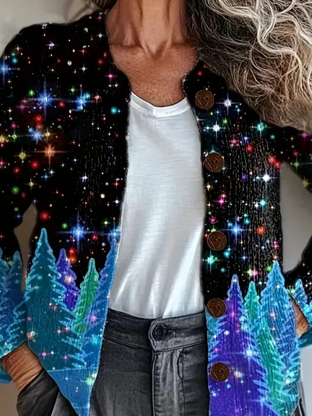 Women's Cardigan Christmas Pattern Button V Crew Neck Sweater Jacket