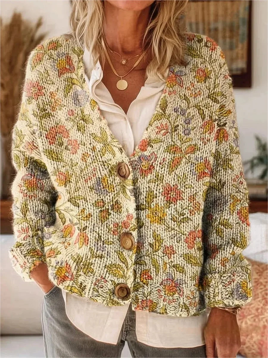 Retro Ethnic Pattern Art Print Button-Front V-Neck Cardigan Sweater