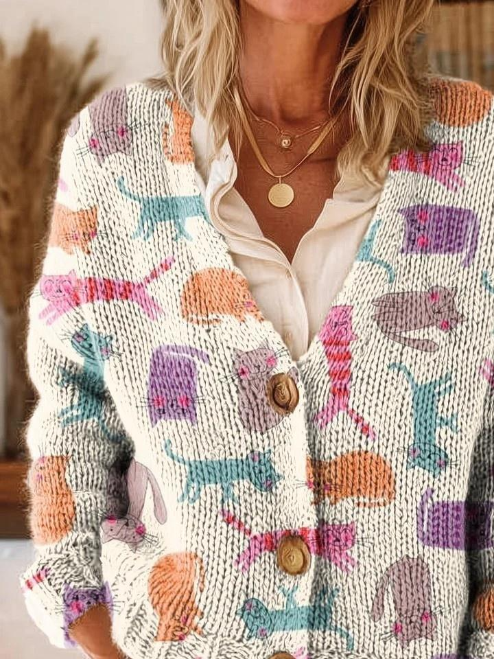 Colorful Cute Cat Art Print Buttoned V-neck Cardigan Sweater