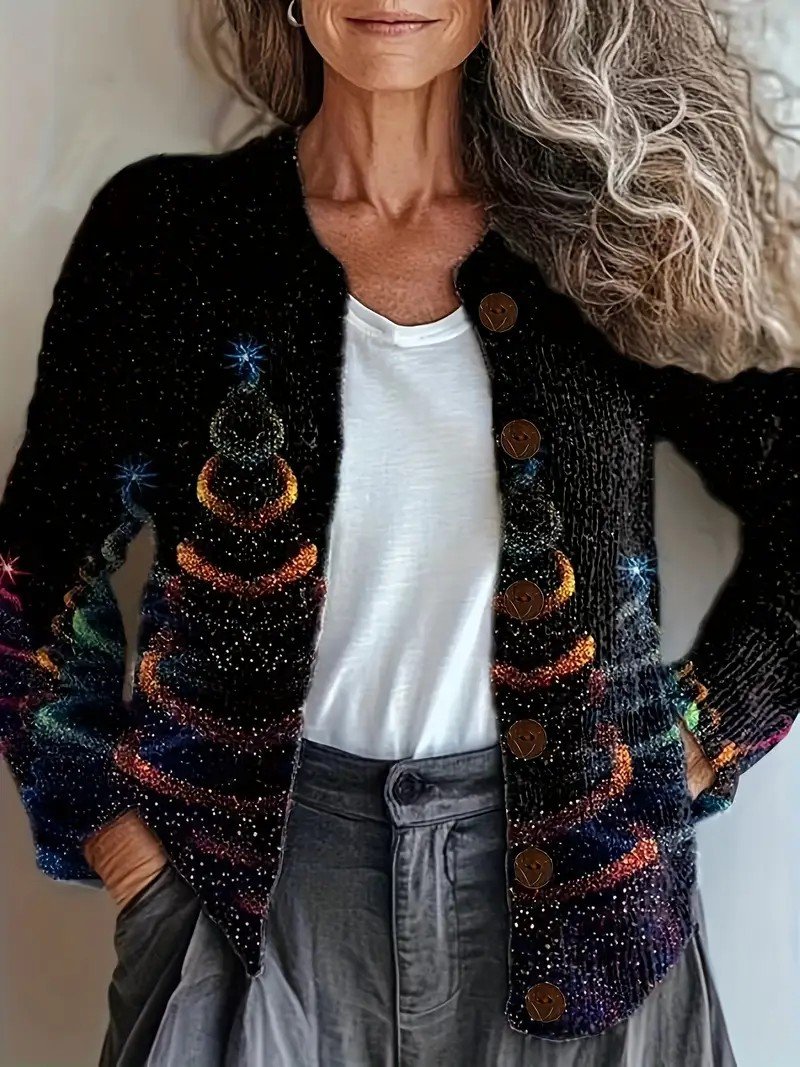 Women's Cardigan Christmas Pattern Button V Crew Neck Sweater Jacket