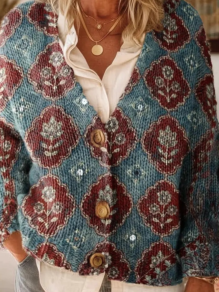 Women's Boho Folk Floral Print Buttoned V-neck Cardigan Sweater