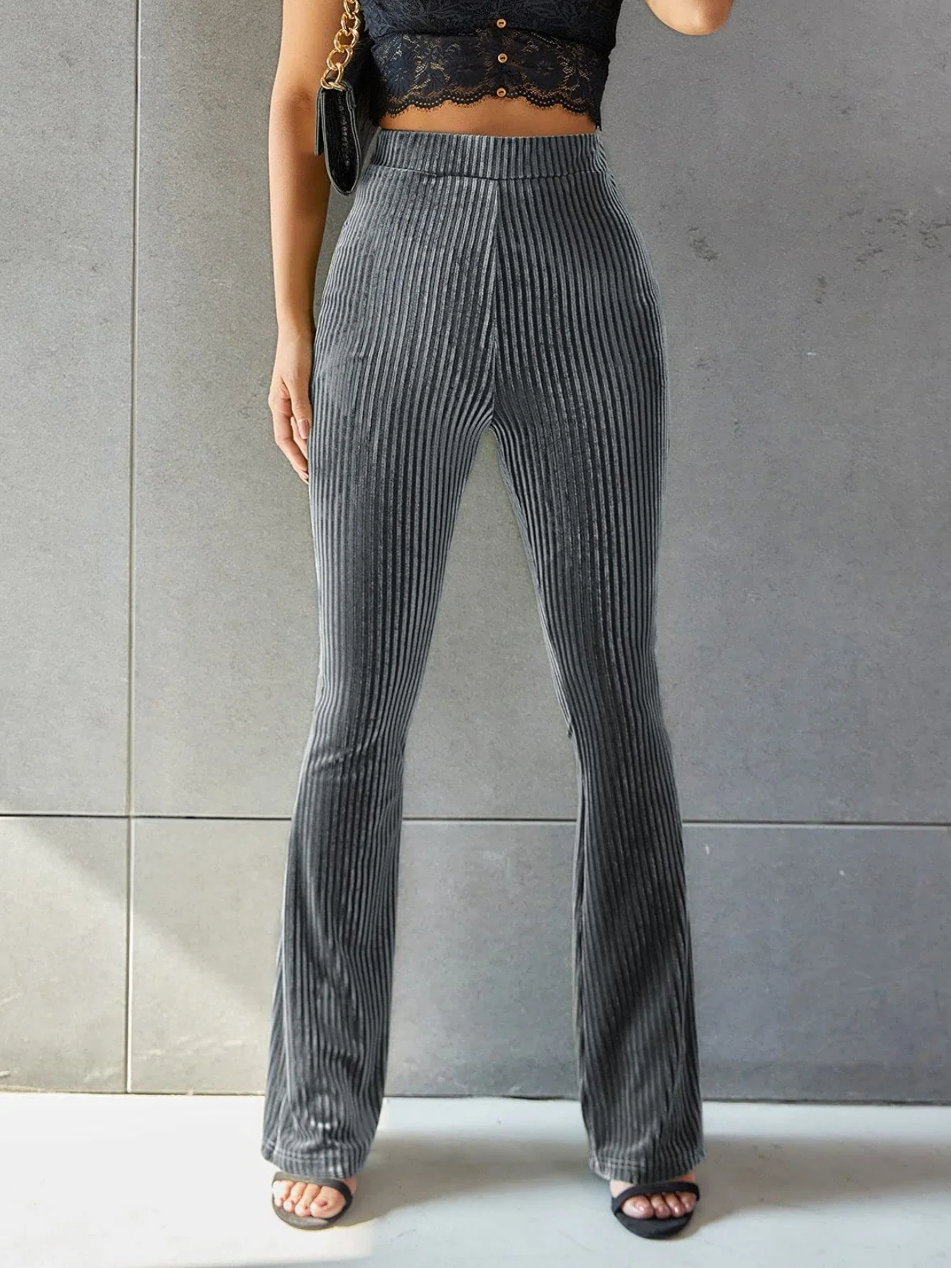 Women's  Elastic Waist H-Line Flare Pants Daily Going Out Pants Gray Casual Split Joint Plain Spring/Fall Pants