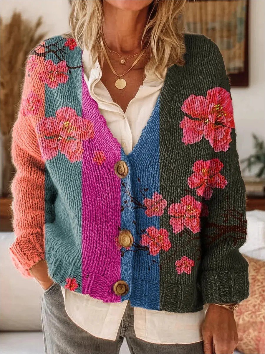 Bohemian Irregular Shapes Pattern Art Print Buttoned V-neck Cardigan Sweater