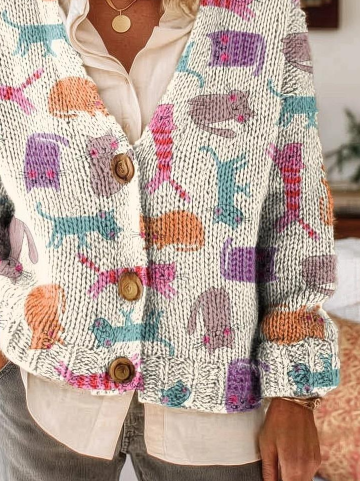Colorful Cute Cat Art Print Buttoned V-neck Cardigan Sweater
