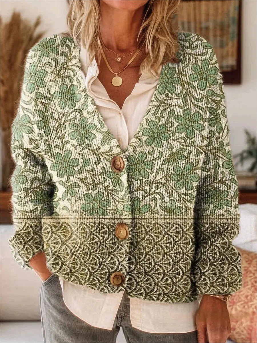 Retro Ethnic Pattern Art Print Button-Front V-Neck Cardigan Sweater