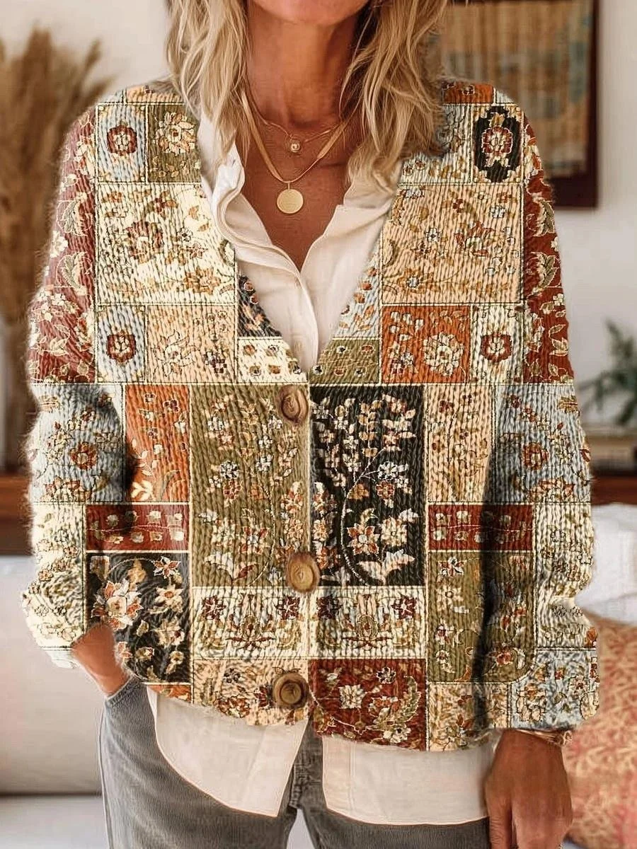 Bohemian Patchwork Pattern Art Print Buttoned V-neck Cardigan Sweater