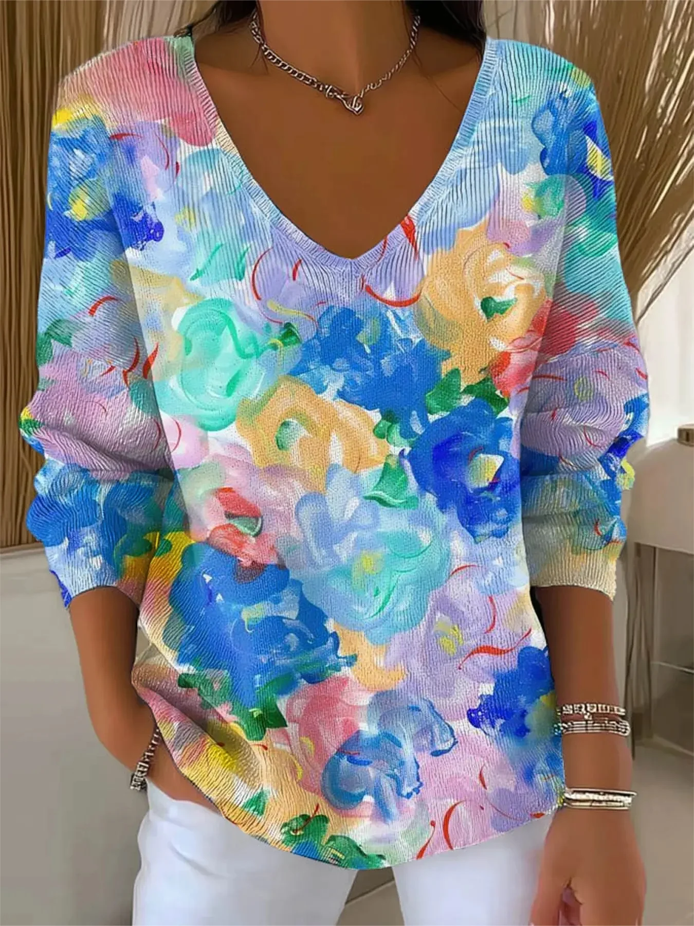 Women's Floral Pattern Art Print Casual Pullover Sweater