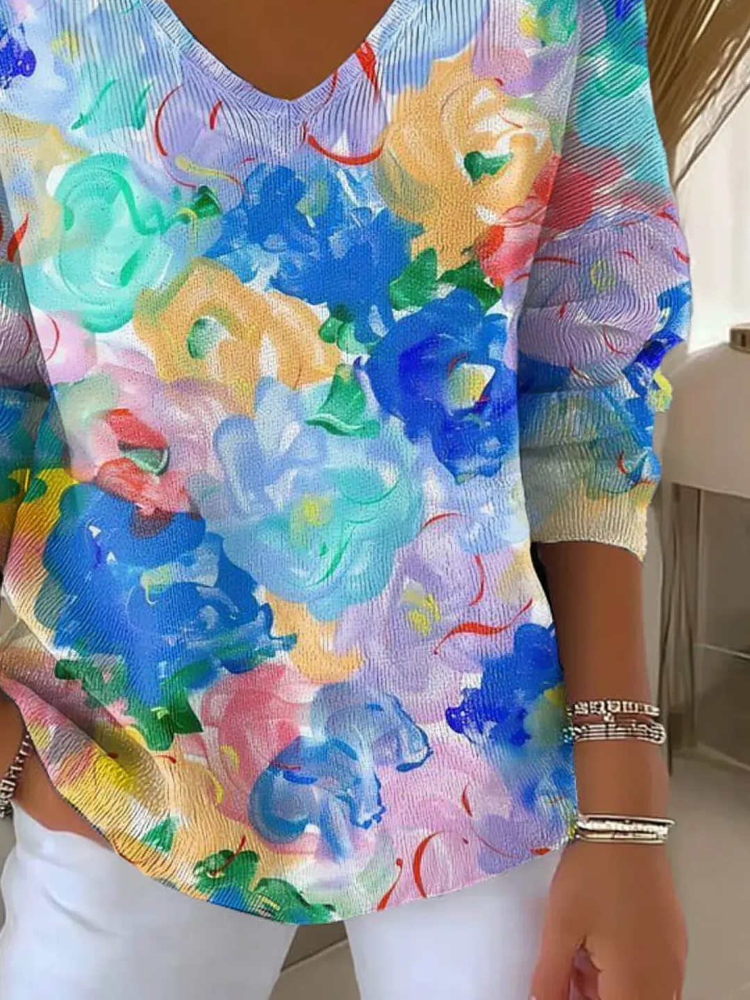 Women's Floral Pattern Art Print Casual Pullover Sweater