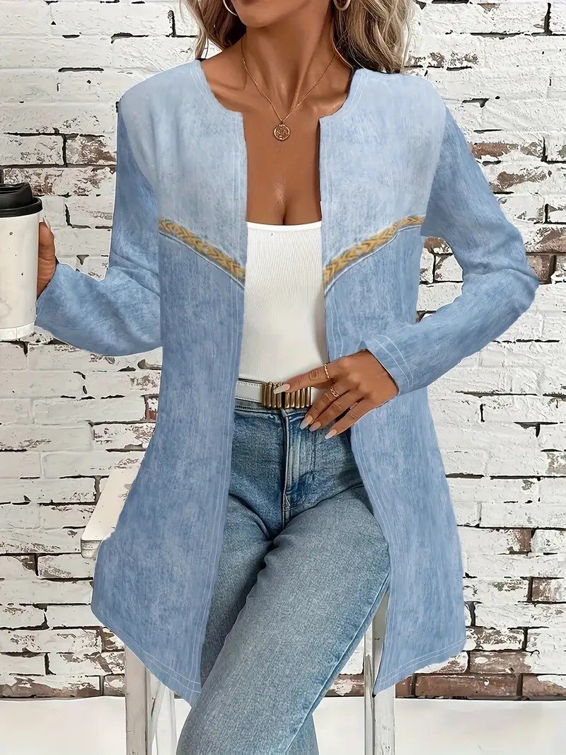 Vintage Crew Neck Loose Faux Denim Print Graphic Jacket