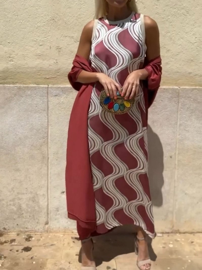 Women's Printing Geometric Daily Going Out Two-Piece Set Color1 Casual Spring/Fall Coat With Skirt Celebrity-style Cape And Skirt Two-piece Set
