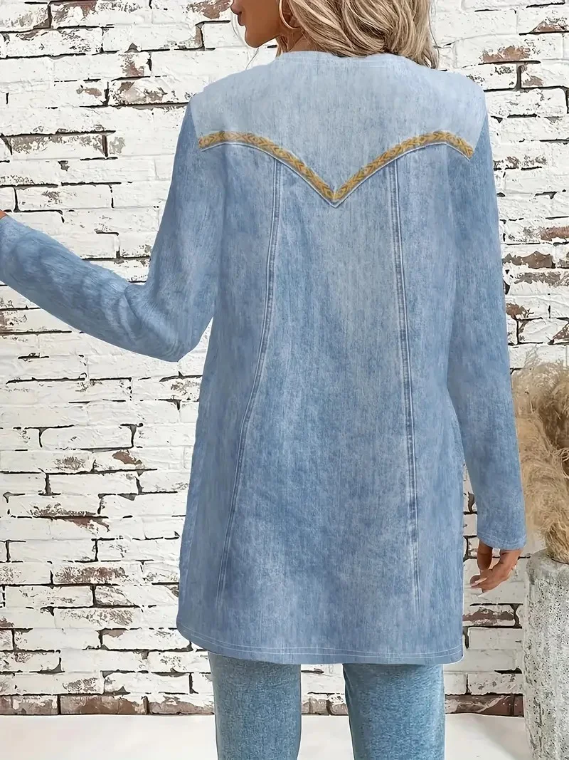 Vintage Crew Neck Loose Faux Denim Print Graphic Jacket