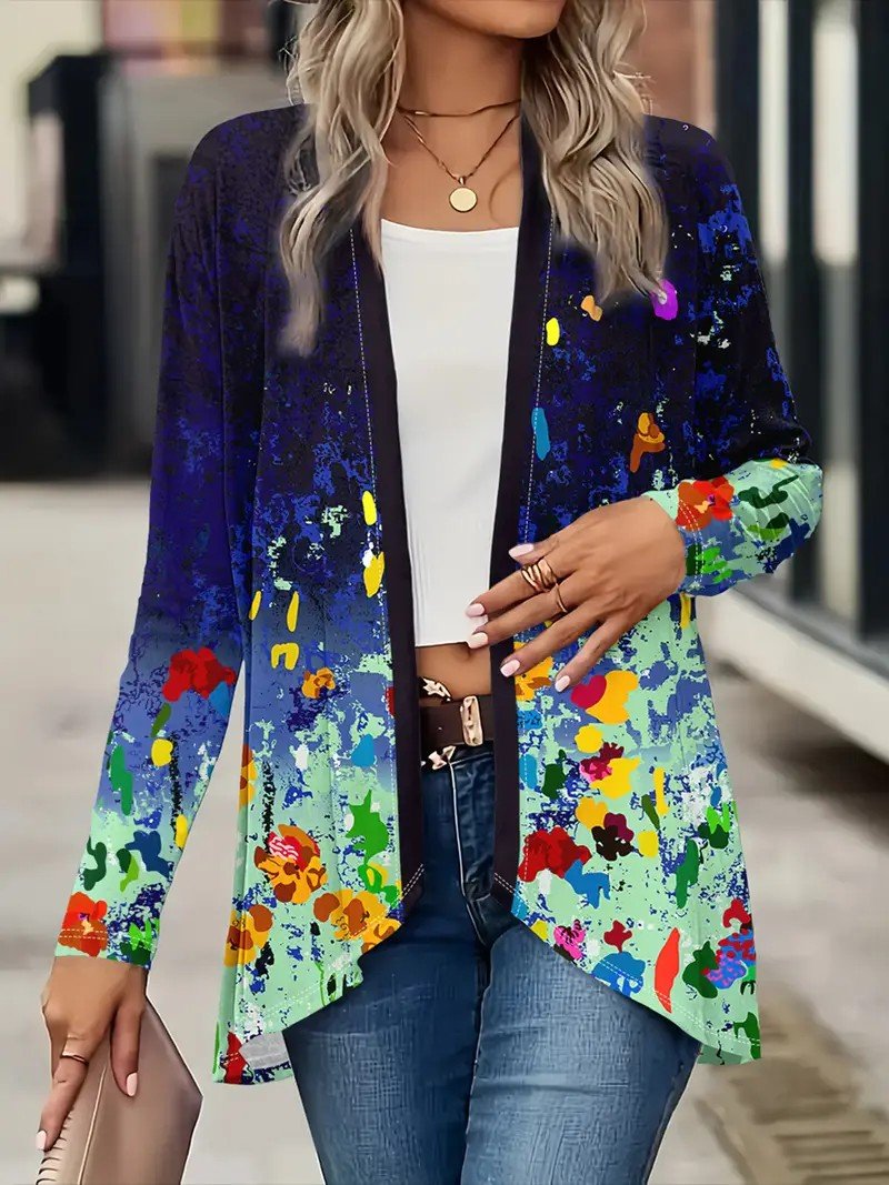 Women's Elegant Lightweight Cardigan Gradient Pattern Vintage Print Long Sleeve Jacket