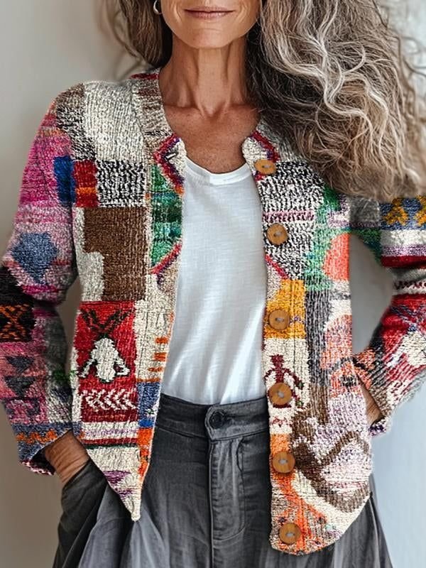 Loose Vintage Geometric Crew Neck Cardigan
