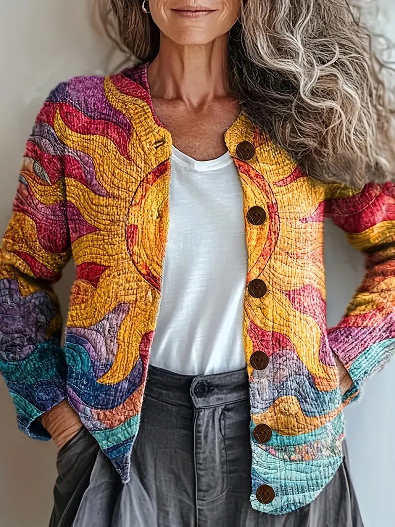 Knitted Crew Neck Peasant Geometric Cardigan