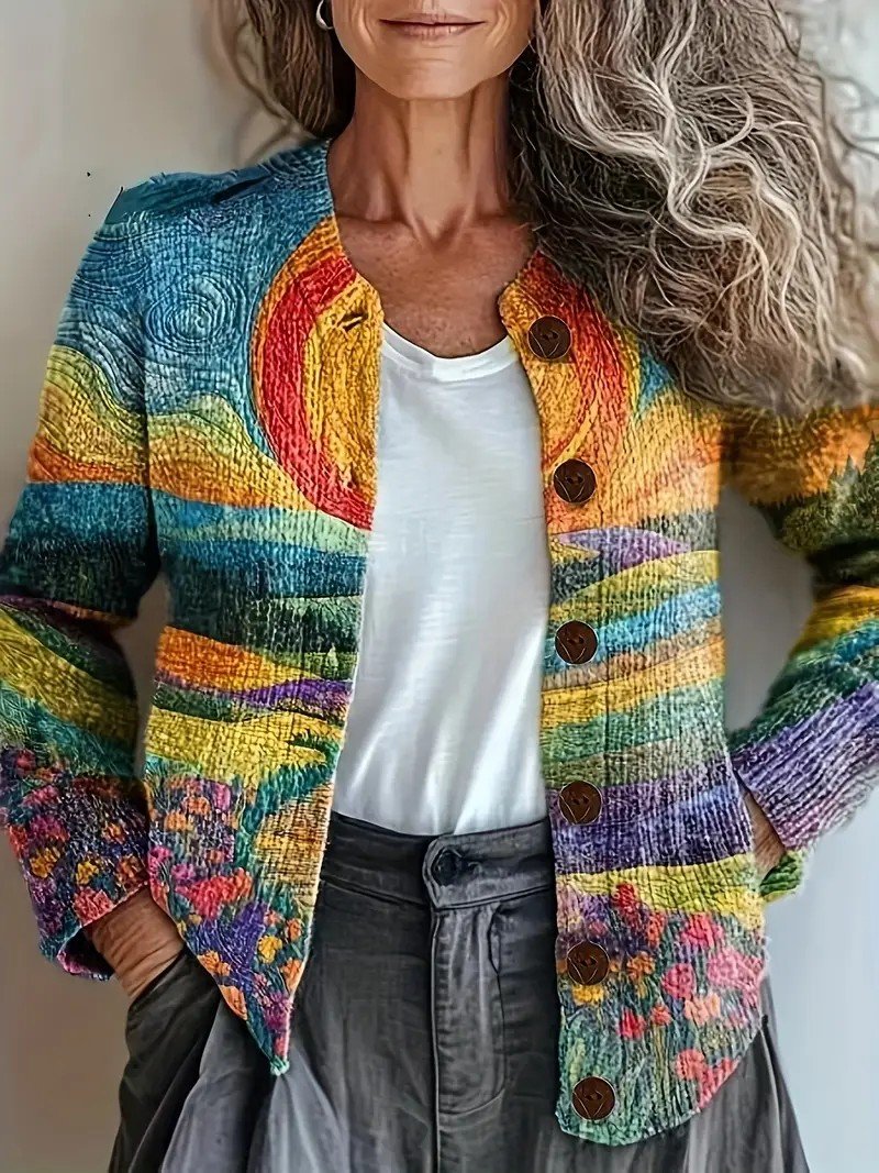 Loose Vintage Geometric Crew Neck Cardigan