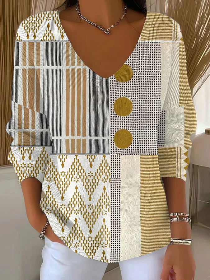 Women's Long Sleeve T-shirt Spring/Fall As Picture Abstract Printing V Neck Daily Going Out Casual Top