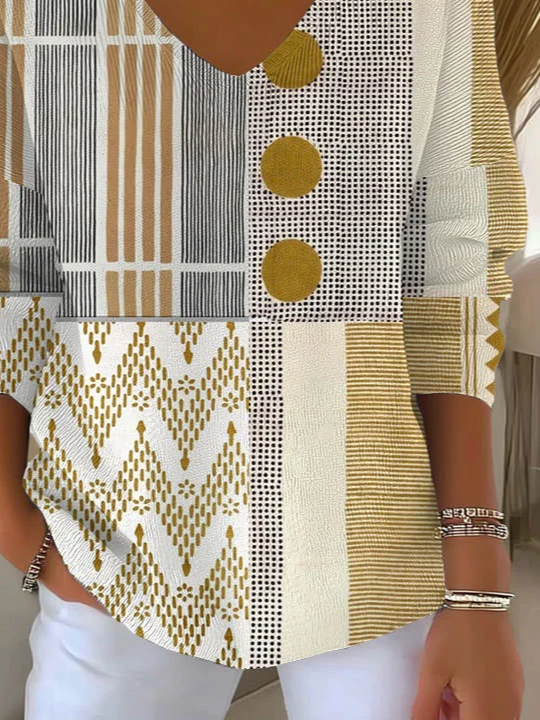 Women's Long Sleeve T-shirt Spring/Fall As Picture Abstract Printing V Neck Daily Going Out Casual Top