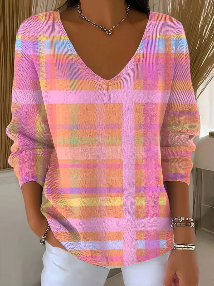 Women's Long Sleeve T-shirt Spring/Fall Pink Abstract Printing V Neck Daily Going Out Casual Top
