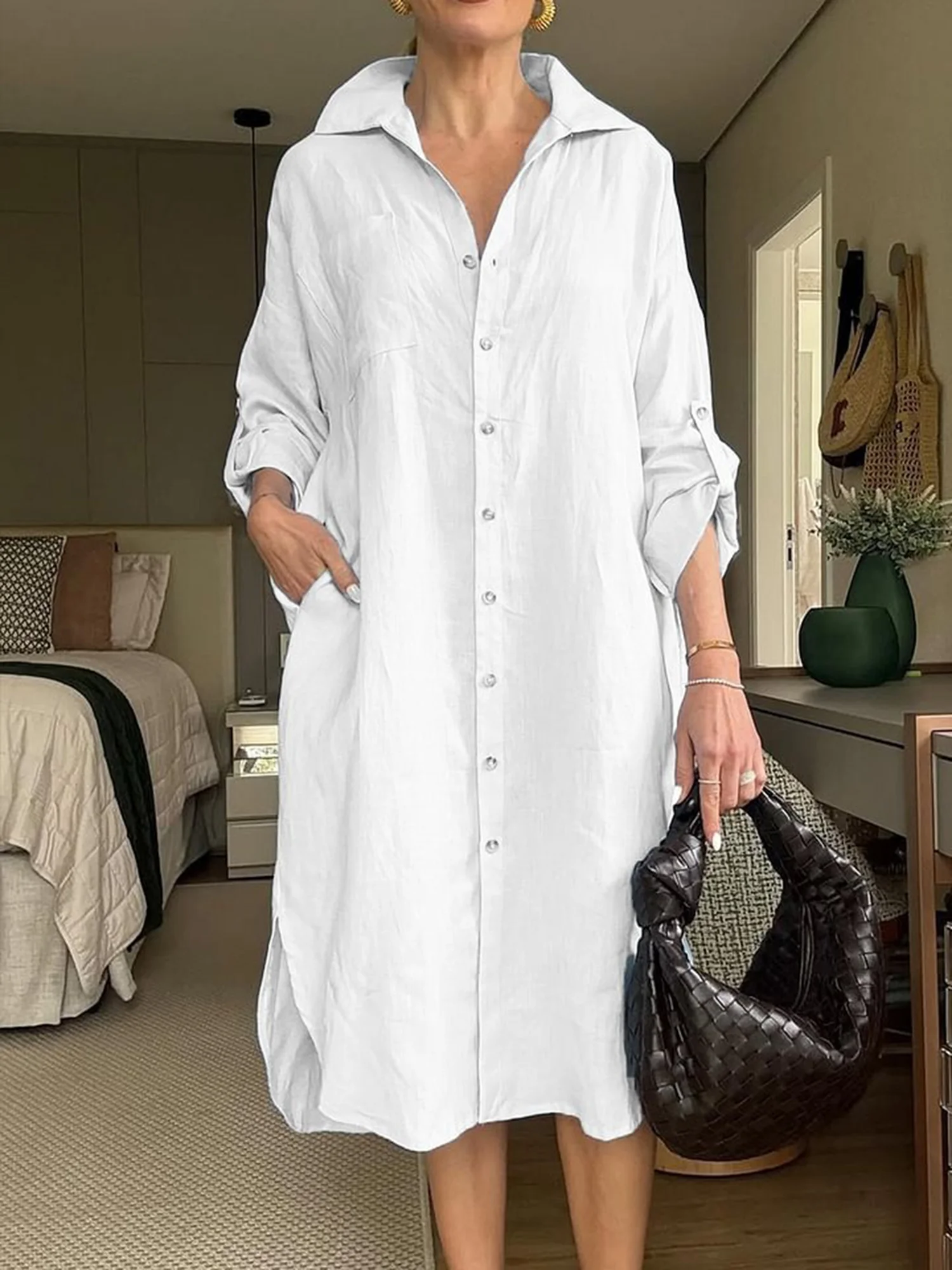 Casual Plain Shirt Collar Midi Dress