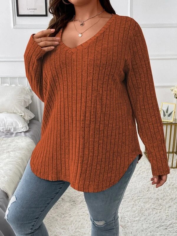 Plain Sexy Loose V Neck Long-sleeved Ribbed Loose T-shirt
