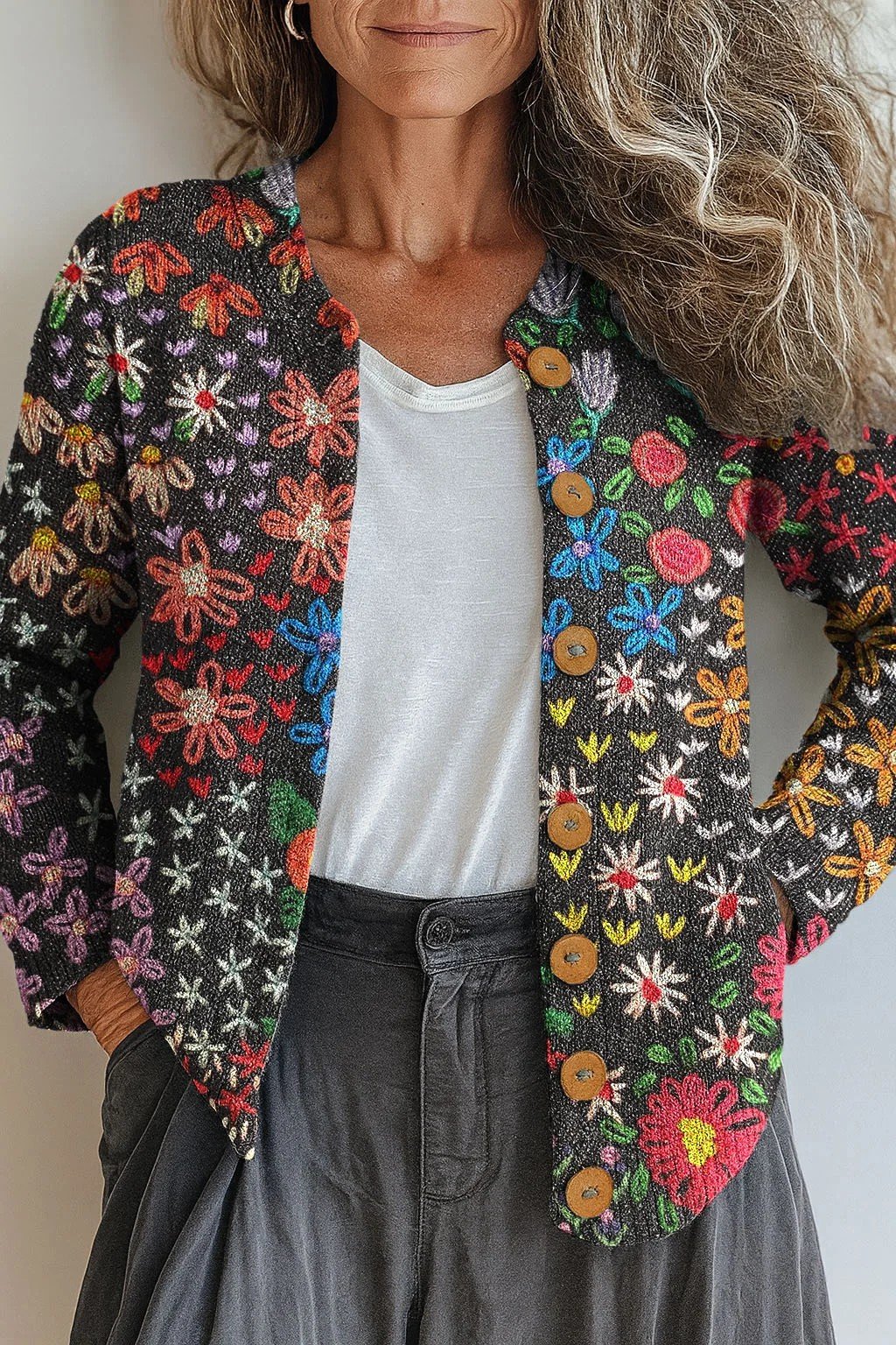 Knitted Loose Ethnic Crew Neck Cardigan
