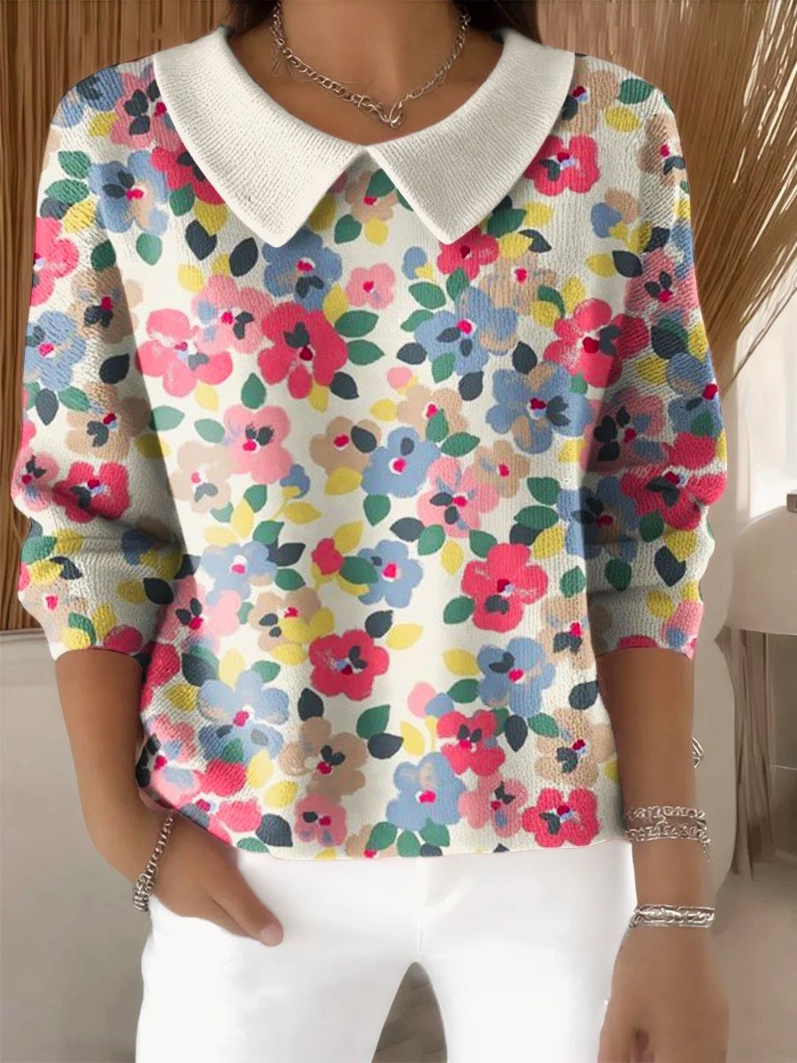 Casual Floral Imitation Cashmere Shawl Collar Sweater