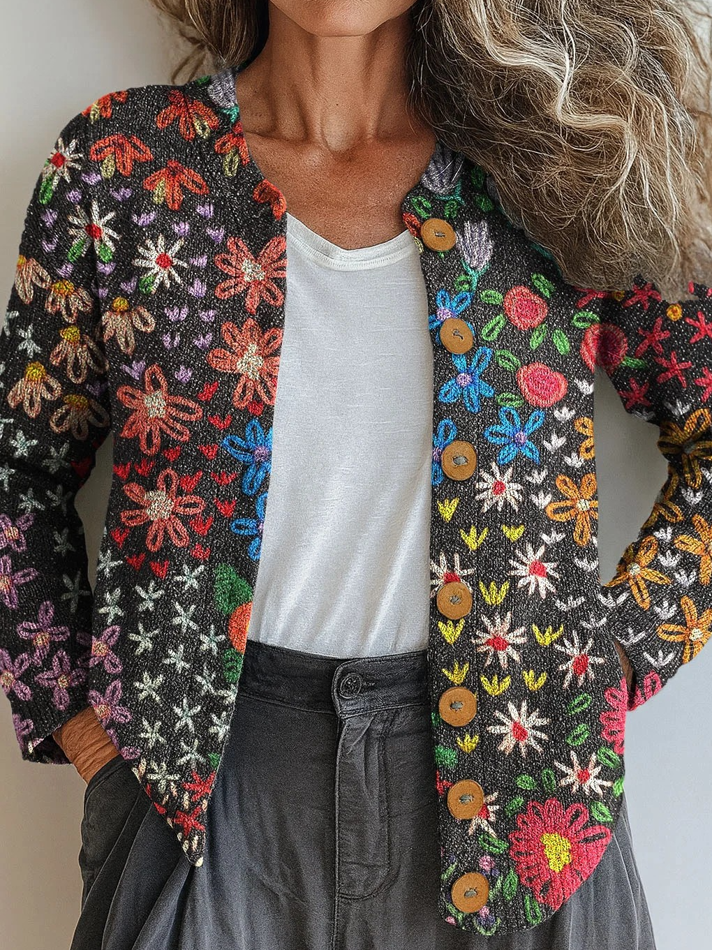 Knitted Loose Ethnic Crew Neck Cardigan