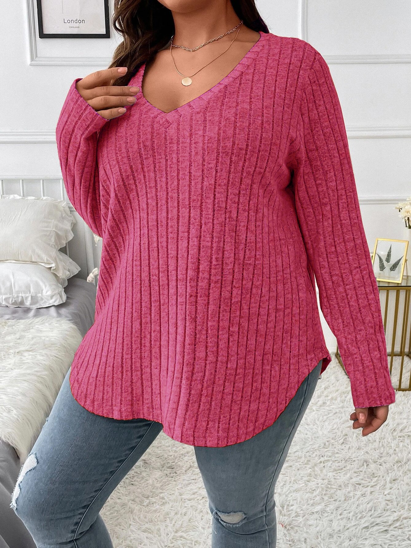Plain Sexy Loose V Neck Long-sleeved Ribbed Loose T-shirt