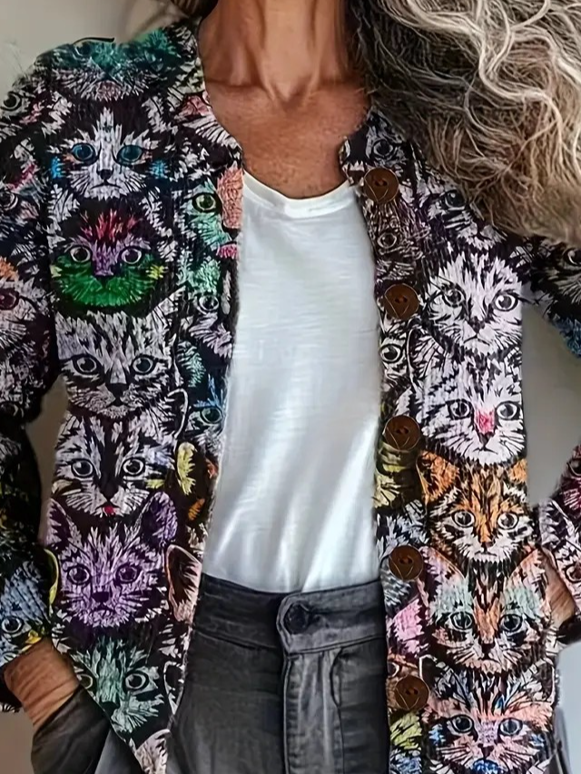 Crew Neck Cat Vintage Knitted Cardigan