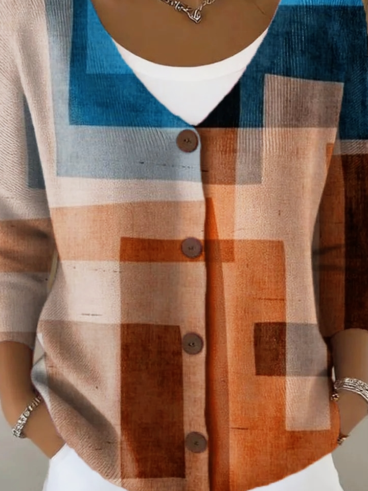 V Neck Vintage Multicolor Block Loose Cardigan