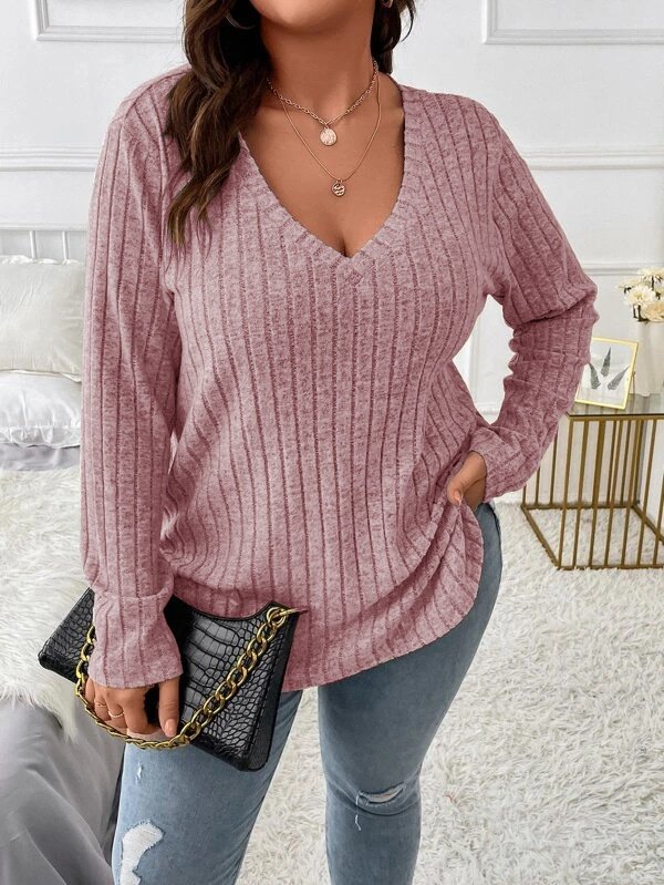 Plain Sexy Loose V Neck Long-sleeved Ribbed Loose T-shirt