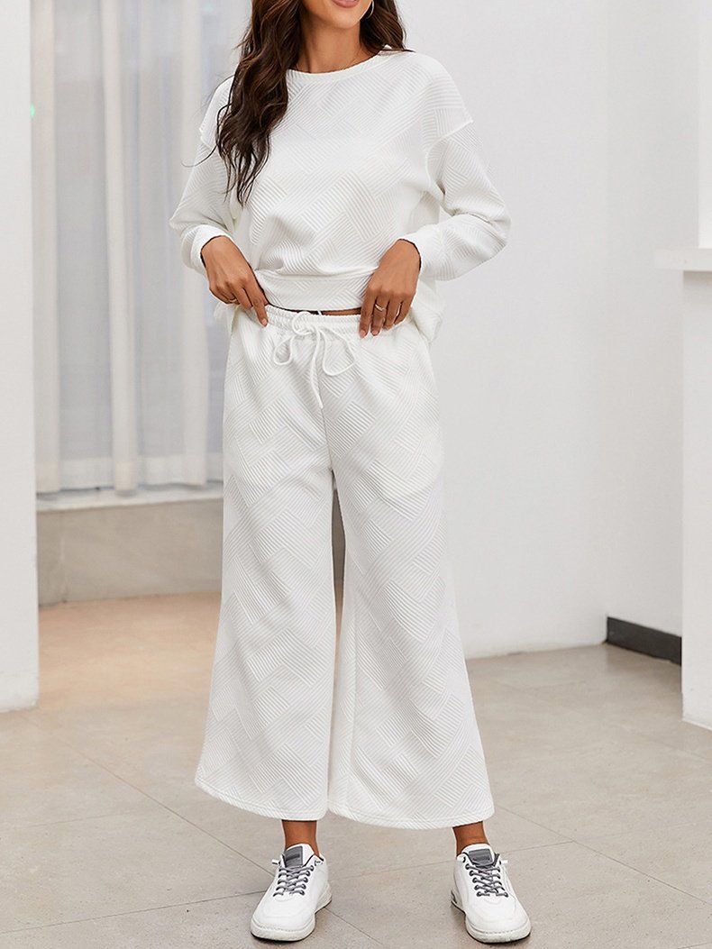 Women's Embossed Plain Daily Going Out Two-Piece Set White Casual Spring/Fall Top With Pants Matching Set