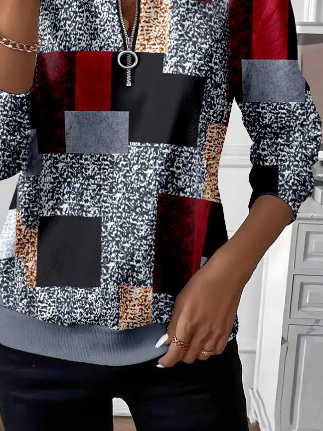Women's Abstract Print Casual Zipper Long Sleeve Sweatshirt