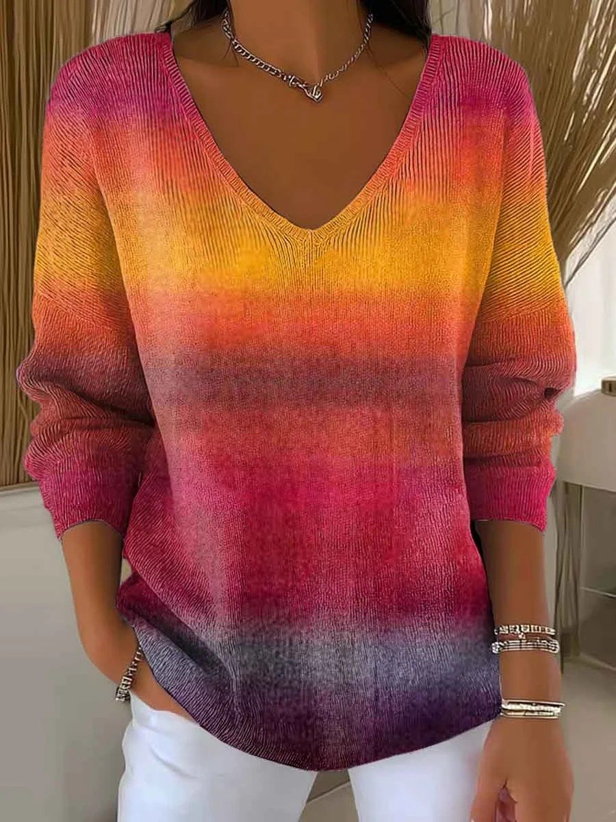 Gradient Pattern V Neck Loose Casual T-Shirt
