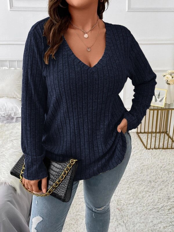 Plain Sexy Loose V Neck Long-sleeved Ribbed Loose T-shirt