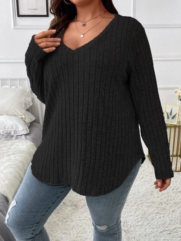 Plain Sexy Loose V Neck Long-sleeved Ribbed Loose T-shirt