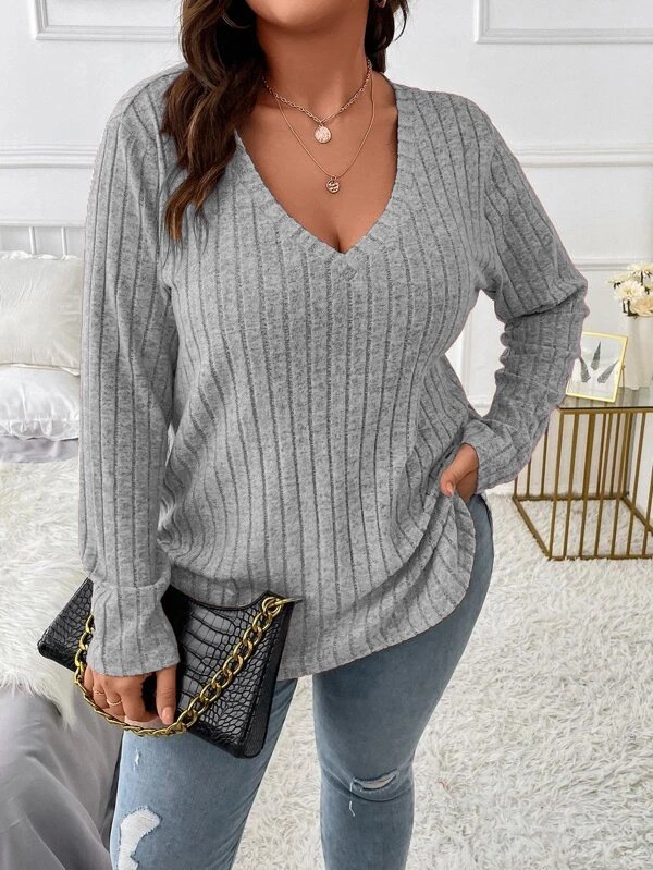 Plain Sexy Loose V Neck Long-sleeved Ribbed Loose T-shirt