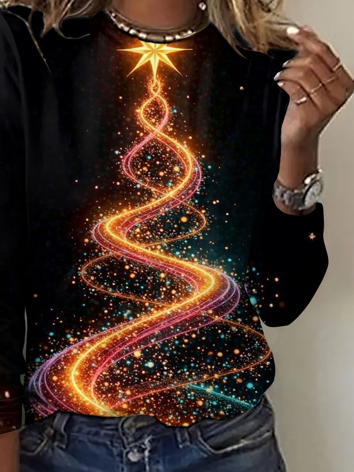 Cotton Vintage Christmas Tree Crew Neck T-Shirt