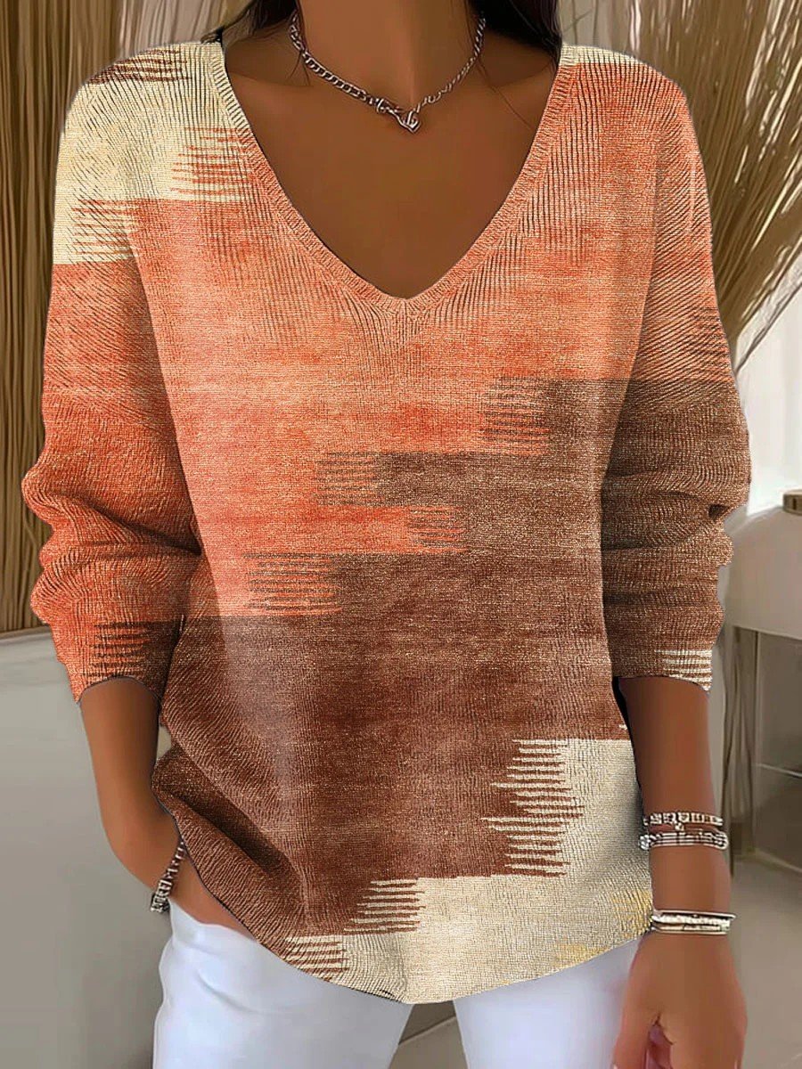 Gradient Pattern V Neck Loose Casual T-Shirt