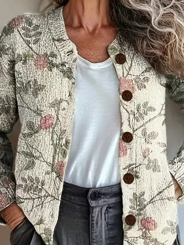 Knitted Floral Crew Neck Vintage Cardigan