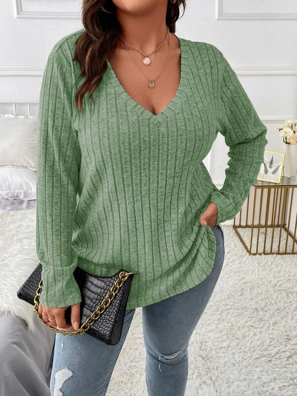 Plain Sexy Loose V Neck Long-sleeved Ribbed Loose T-shirt