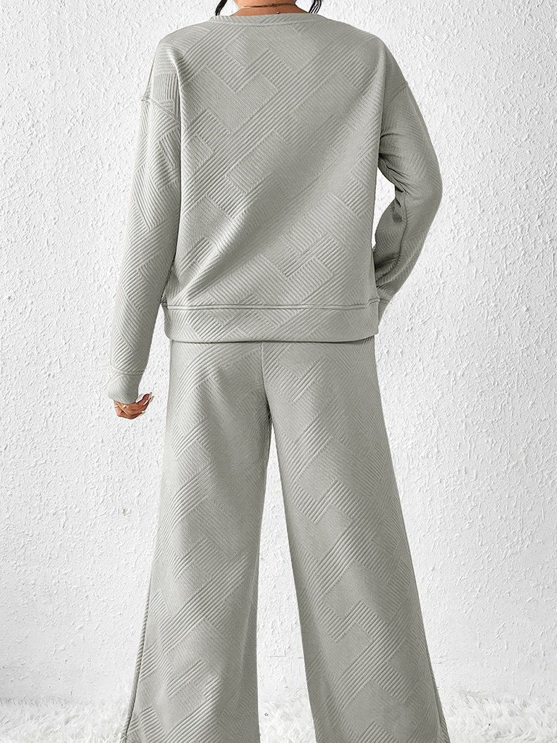 Women's Embossed Plain Daily Going Out Two-Piece Set White Casual Spring/Fall Top With Pants Matching Set