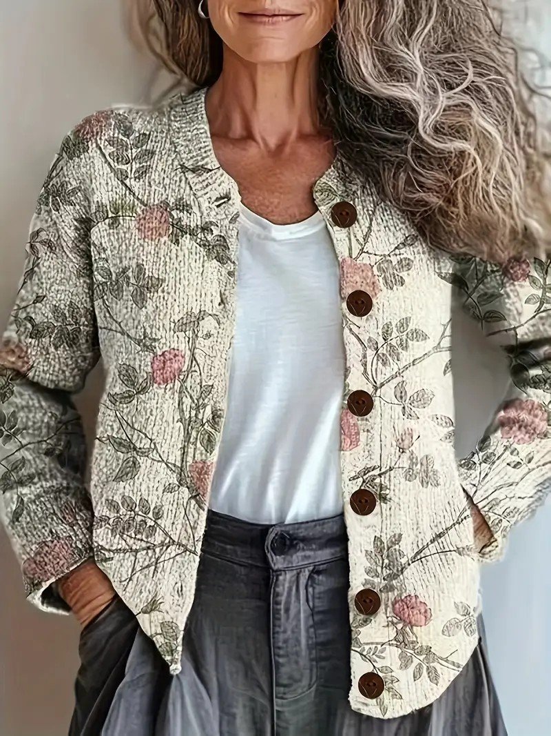 Knitted Floral Crew Neck Vintage Cardigan