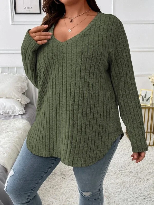 Plain Sexy Loose V Neck Long-sleeved Ribbed Loose T-shirt