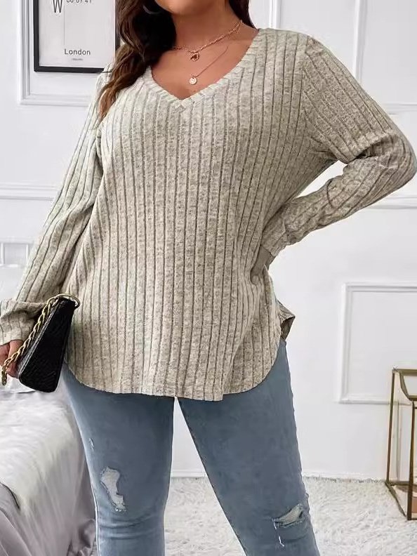 Plain Sexy Loose V Neck Long-sleeved Ribbed Loose T-shirt