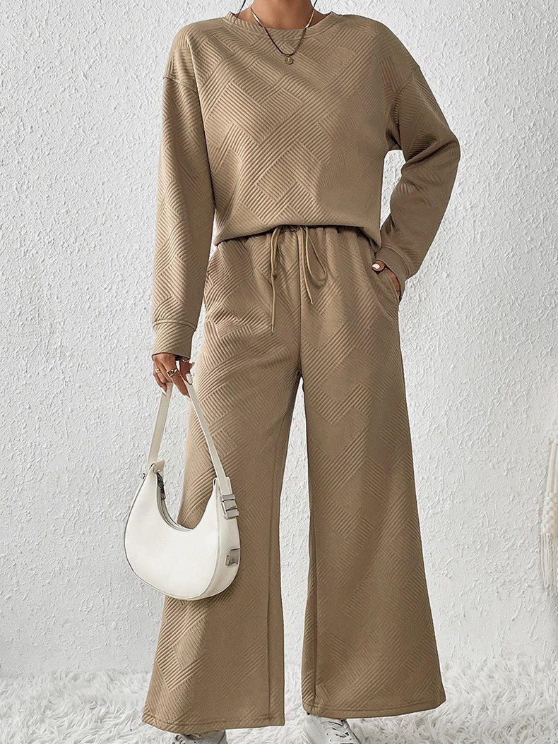 Women's Embossed Plain Daily Going Out Two-Piece Set White Casual Spring/Fall Top With Pants Matching Set