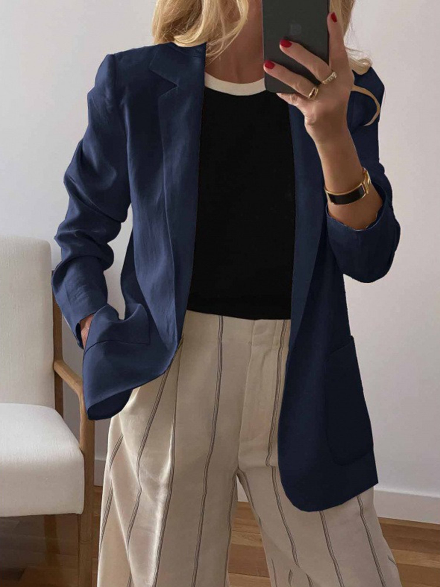 Casual Regular Sleeve Plain Lapel Collar Blazer